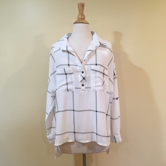 White Windowpane Check Button Front Henley Blouse - Picture 5 of 8